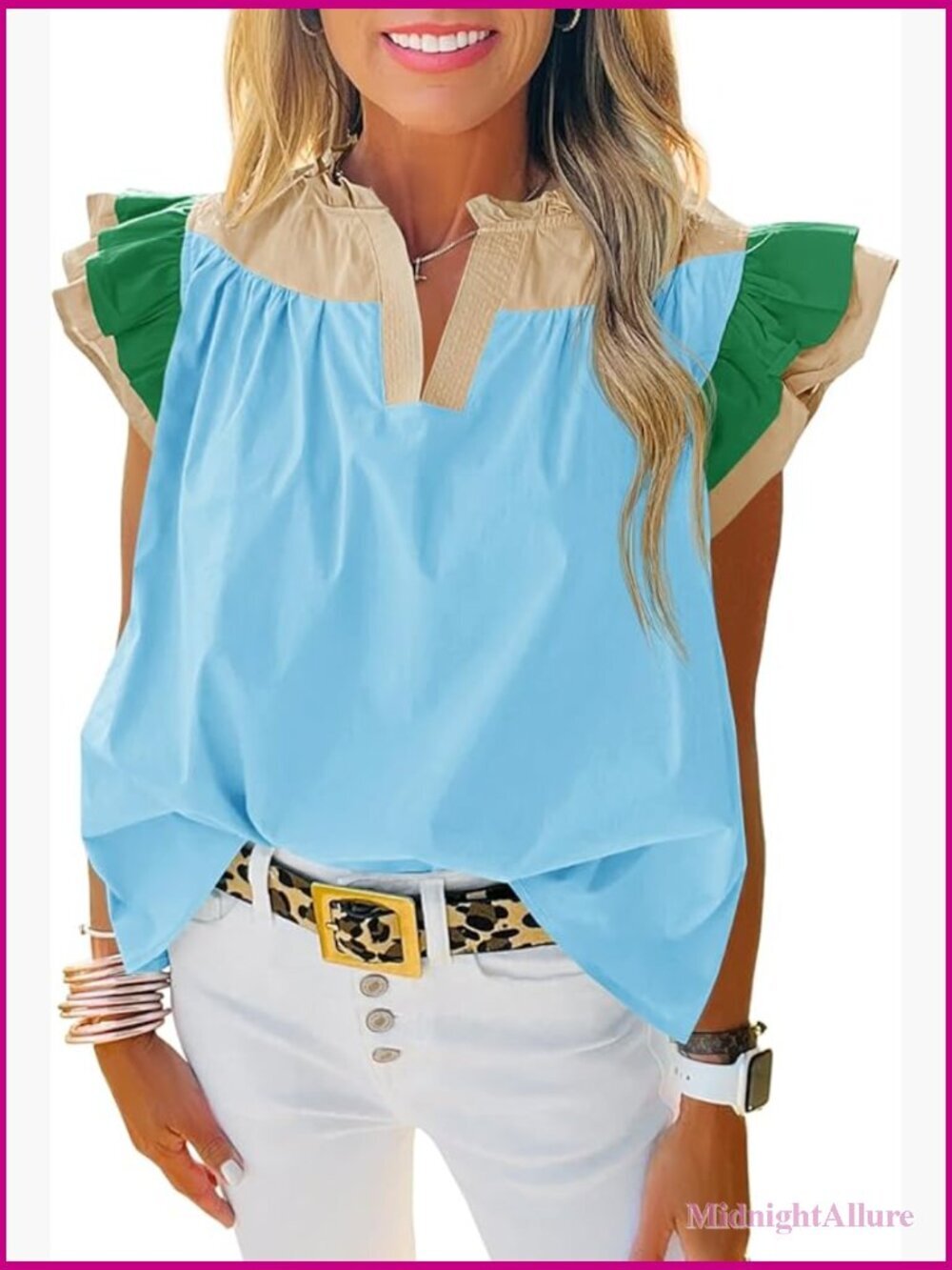 Ruffle Color Block Tank Top - V Neck Pleated Blouse Sleeveless Loose Fit Shirt